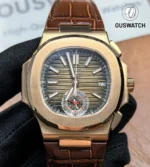 Frontal view of the Patek Philippe Nautilus 5980R in 18k rose gold, featuring a brown gradient dial with chronograph and moon phase display.