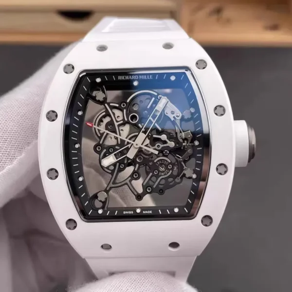 Richard Mille Replica RM055 Bubba Watson White Ceramic Skeleton Rubber Strap Watch
