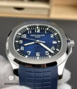 Close-up of the Aquanaut 5168G-001 bezel, lugs, and tropical rubber strap, highlighting seamless case integration and surface finishing.