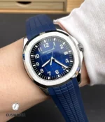 On-wrist image of the Patek Philippe Aquanaut 5168G-001 blue dial watch, showing its slim profile and modern sport-luxury appeal.