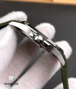 Close composition of the white-gold case and signed crown on the 5168G-010, highlighting knurling and chamfered edges