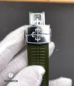 Macro detail of the folding clasp on the Aquanaut 5168G-010, showing hinge construction, stamped marks and polished bevels.