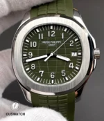 Head-on capture of the Aquanaut 5168G-010 showing the bold green gradient dial, applied hour markers and rounded octagonal bezel.