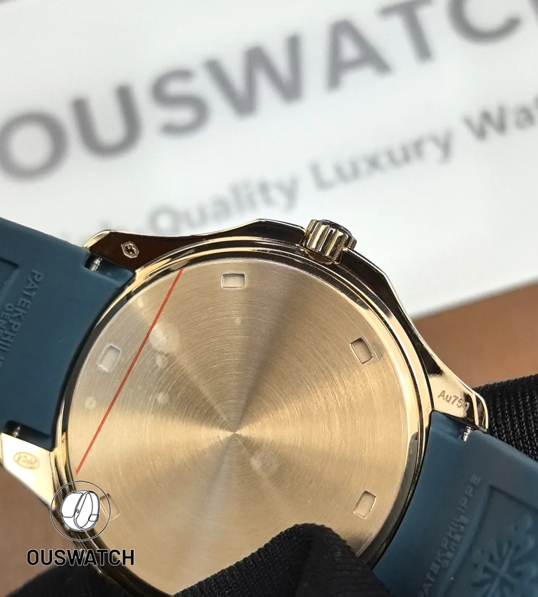 Rose-gold caseback detail of the Aquanaut 5261R-001 showing polished surfaces and the engraved rear plate.