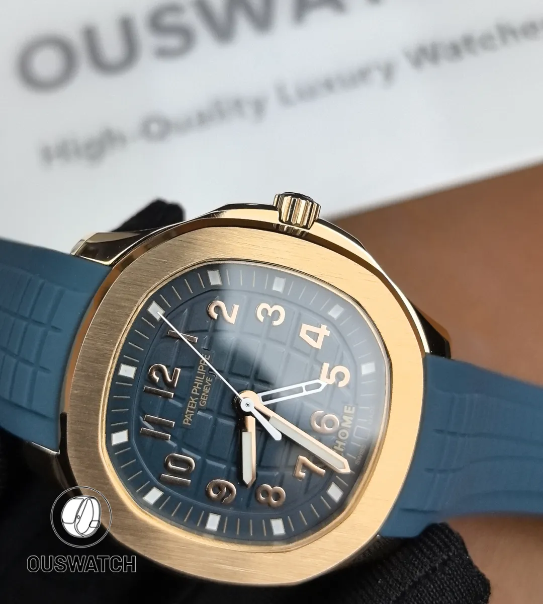 Macro close-up of the Aquanaut blue dial on the 5261R-001 showing grid texture, applied markers and the travel-time subdial.