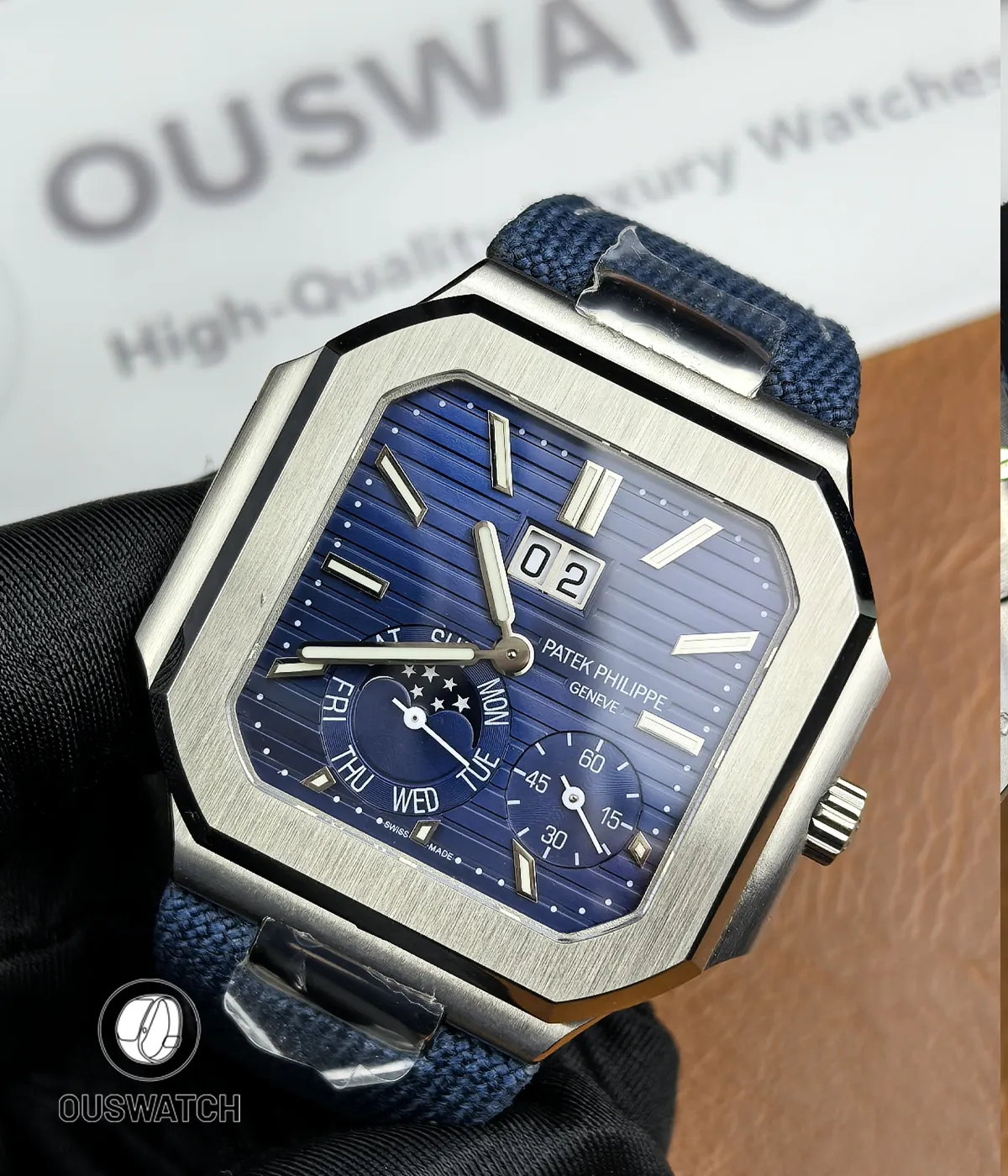 75° front-angle view that captures the moonphase, subdial placement and bezel geometry in one shot.