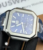 Extreme close-up of the blue dial texture and applied indices on the 5822P, showing fine finishing.