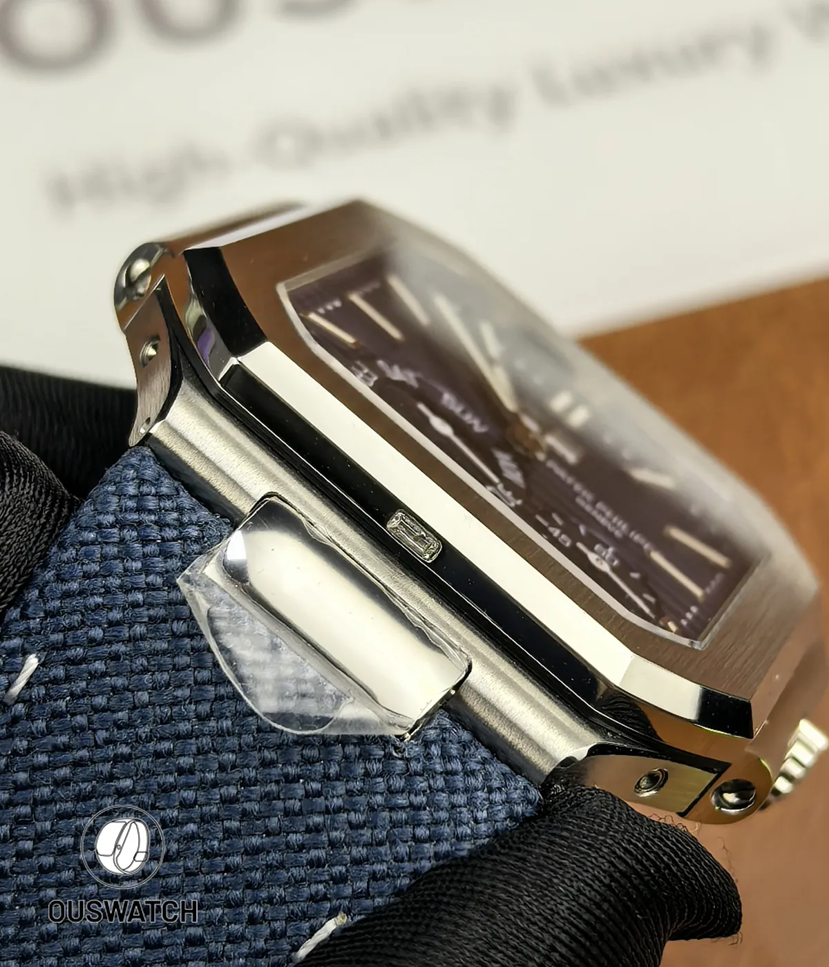 Tight detail of the bezel-set diamonds on the 5822P, revealing stone cut and bezel milling.