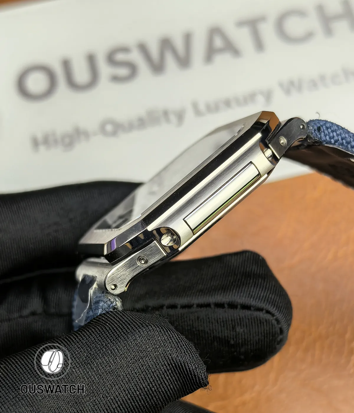 Side profile emphasizing the satin-brushed case flank and slim silhouette of the 5822P.