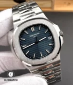 110° angled composition that captures the Nautilus dial, bezel step and bracelet flow with soft studio lighting.