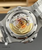 Rear view with exhibition caseback of the Nautilus 5711 revealing movement finishing and rotor architecture.