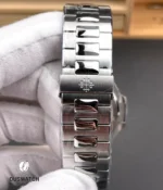 Detailed view of the stainless-steel integrated bracelet for the Nautilus 5711 showing link finish and taper.