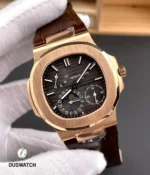 120° panoramic view of the Nautilus 5712 rose-gold moonphase, highlighting bezel profile and integrated case lines.