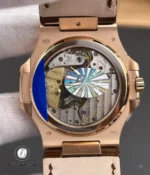 Rear view with exhibition caseback of the Nautilus 5712 revealing movement finishing and rotor detail