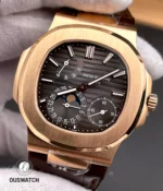 85° angled composition of the Nautilus 5712/1R-001 that emphasizes dial relief and the play of light on rose-gold surfaces.