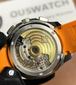 Back view of the Patek Philippe Aquanaut 5261R-001 with sapphire crystal caseback, revealing the automatic Caliber 26-330 S QA LU movement and exquisite Geneva finishing.