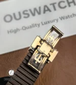 Clasp view of the Patek Philippe Aquanaut 5968R-001, showing the polished rose gold folding buckle engraved with the Calatrava cross emblem for a refined finishing touch.