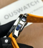 Close-up of the Patek Philippe Aquanaut Chronograph 5968A-001 crown side, highlighting the satin-brushed finishing on the stainless steel case and the refined chronograph pushers.