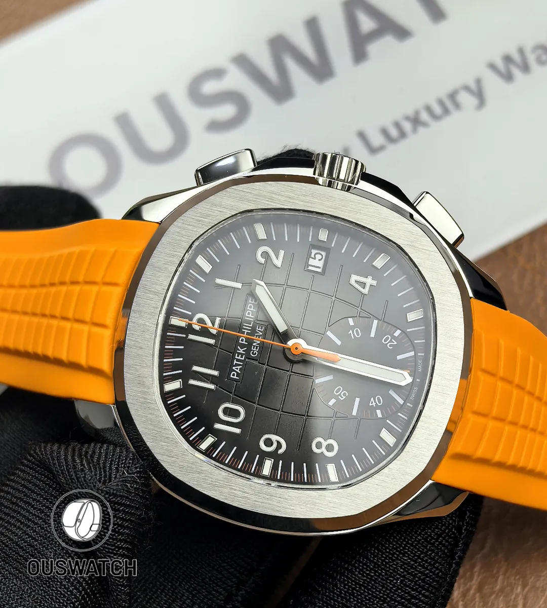 Patek Philippe Aquanaut Chronograph 5968A-001 from a left 90-degree perspective, presenting the watch’s bold profile, chronograph pushers, and case symmetry.