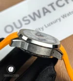 Detailed shot of the Patek Philippe Aquanaut Chronograph 5968A-001 lugs, emphasizing the precision machining and seamless curvature connecting the strap and case.