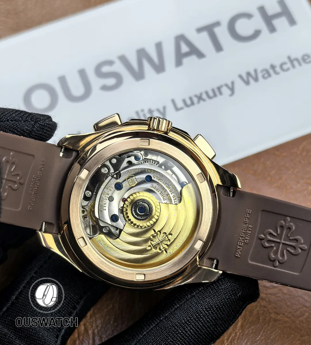 Rear view of the Patek Philippe Aquanaut Chronograph 5968R-001, showcasing the transparent sapphire caseback that reveals the finely decorated automatic chronograph movement.