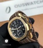 Close-up of the Patek Philippe Aquanaut Chronograph 5968R-001 crown side, showcasing satin-brushed finishing and polished edges that enhance the luxurious texture of the rose gold case.