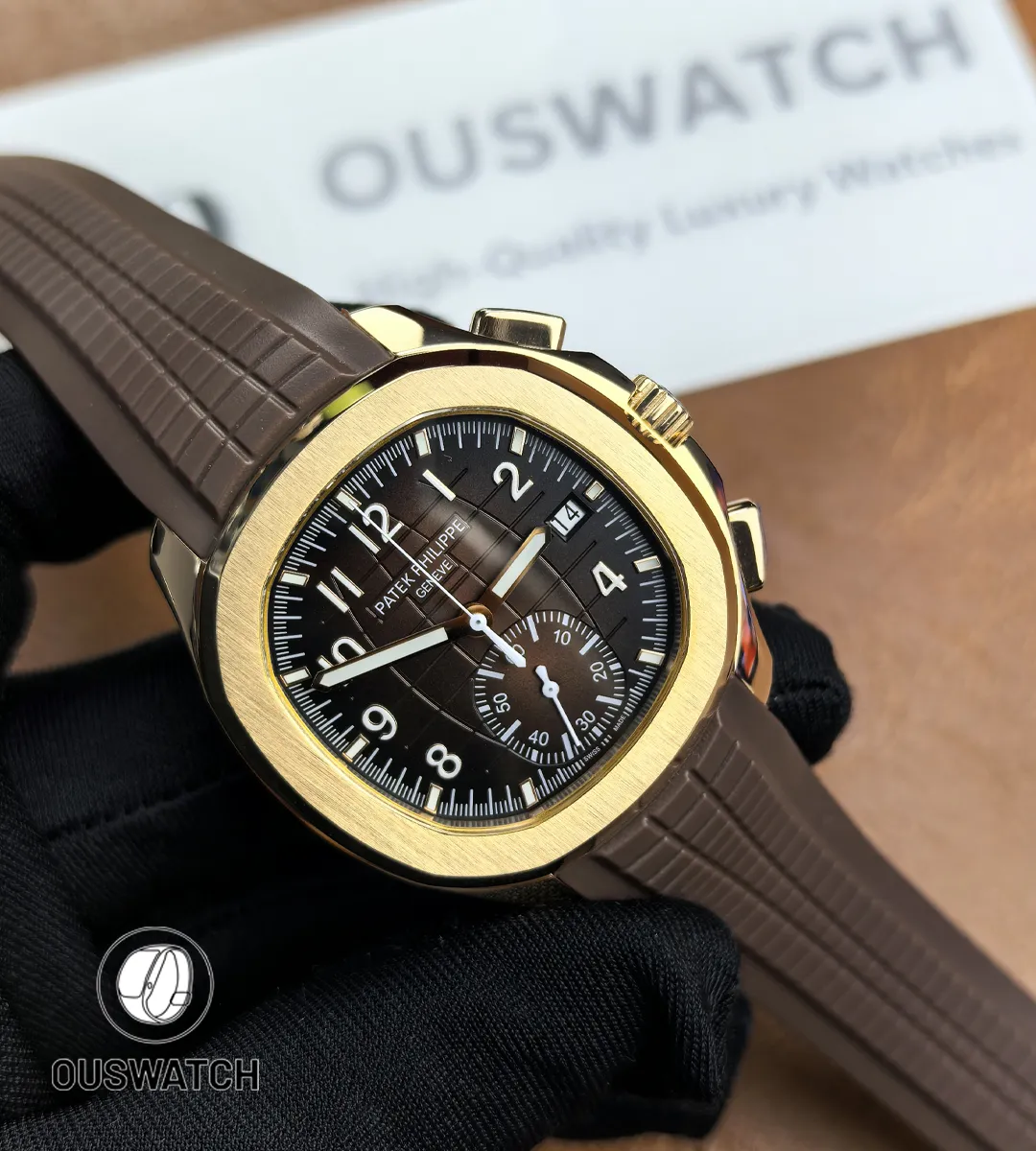 Comprehensive front and strap overview of the Patek Philippe Aquanaut Chronograph 5968R-001, combining rose gold elegance with a sporty brown rubber strap aesthetic.