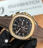 Patek Philippe Aquanaut Chronograph 5968R-001 from a left 60-degree perspective, highlighting the sculpted octagonal bezel and the dynamic reflections of the rose gold finish.