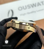 Detailed shot of the Patek Philippe Aquanaut Chronograph 5968R-001 lugs, revealing the precise curvature and flawless integration of the rubber strap with the rose gold case.