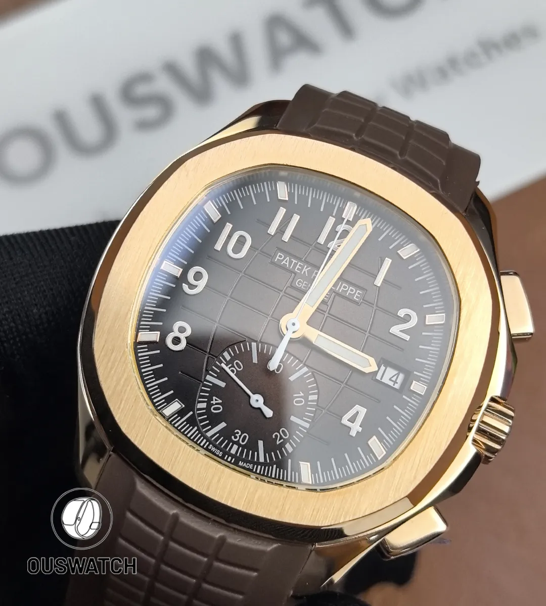 Patek Philippe Aquanaut Chronograph 5968R-001 at a right 45-degree angle, emphasizing its sporty yet elegant character and the warm glow of its rose gold bezel.