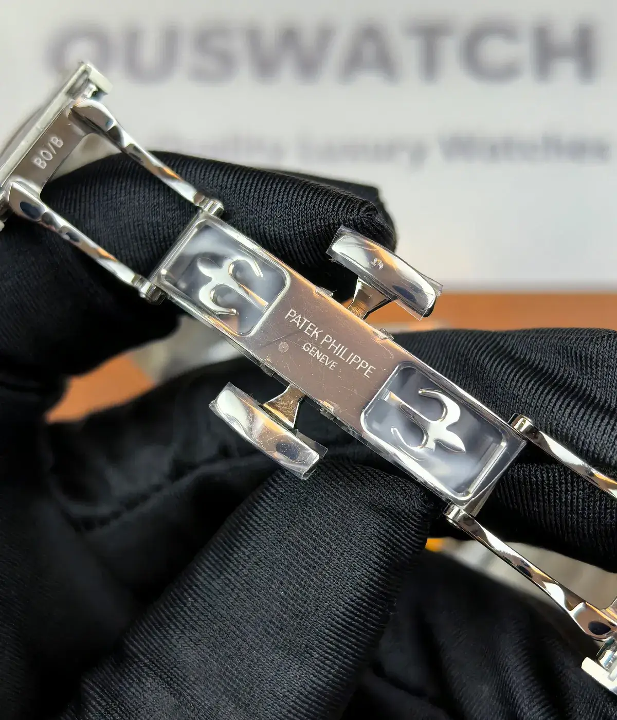 Open deployant clasp of Patek Philippe Cubitus 5821-1A-001 super clone watch showing inner folding mechanism