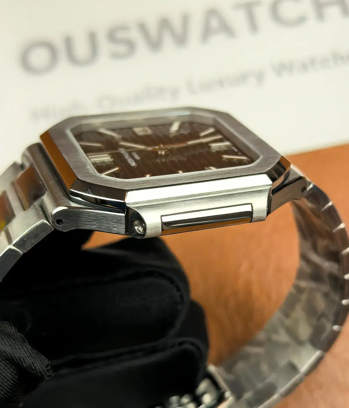 Side profile of Patek Philippe Cubitus 5821-1A-001 45mm super clone watch with satin brushed stainless steel case finish