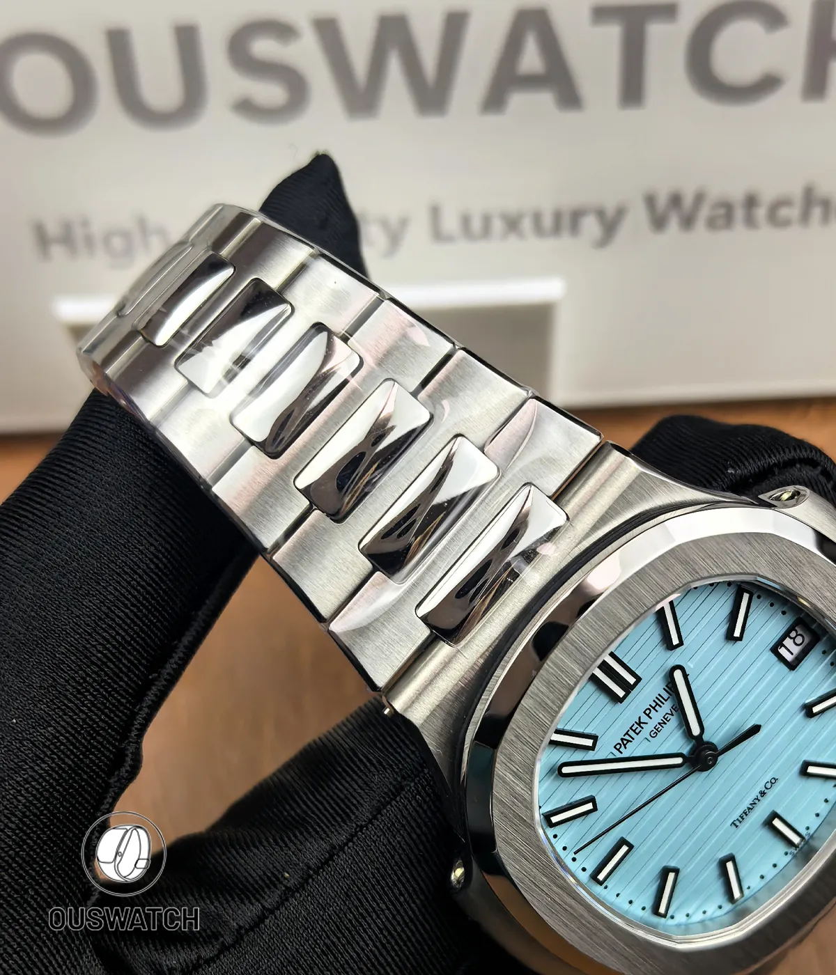 Detailed bracelet focus of the Patek Philippe Nautilus 5711/1A-018 Tiffany & Co, emphasizing the precision polishing and structural flow of each steel link.