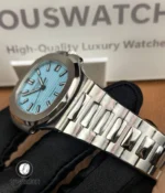 Bracelet view of the Patek Philippe Nautilus 5711/1A-018 Tiffany & Co, featuring alternating polished and satin-finished stainless steel links with impeccable alignment.