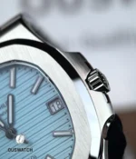 Close-up of the Nautilus 5711/1A-018 Tiffany & Co case, emphasizing the polished and satin-finished surfaces that demonstrate Patek Philippe’s meticulous case construction.