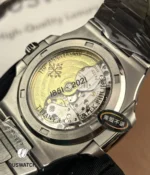 Back view of the Patek Philippe Nautilus 5711/1A-018 Tiffany & Co showing the sapphire crystal caseback and the automatic Caliber 26-330 S C movement with exquisite Geneva striping.