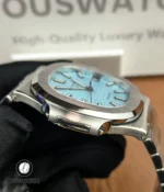 Lug section of the Patek Philippe Nautilus 5711/1A-018 Tiffany & Co, illustrating the seamless integration between case and bracelet — a signature of the Nautilus design.