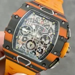 Extreme close-up of the RM 11-03 dial showing layered subdials, applied indices and skeletonized movement bridges.