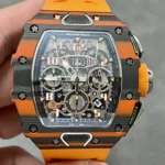Front-facing studio shot of the RM 11-03 McLaren orange chronograph showcasing the full dial, bezel and strap.