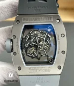 Rear view of the RM 055 revealing the exhibition caseback and exposed movement bridges with rotor detail.