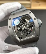 120° angled view of the RM 055 highlighting the multi-layer skeleton dial, case depth and visible movement architecture.