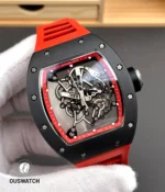 120-degree angled view of the RM 055 Bubba Watson red edition emphasizing dial layering and bold case geometry.