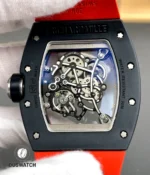 Rear view of the RM 055 red edition revealing the transparent caseback and visible mechanical movement.