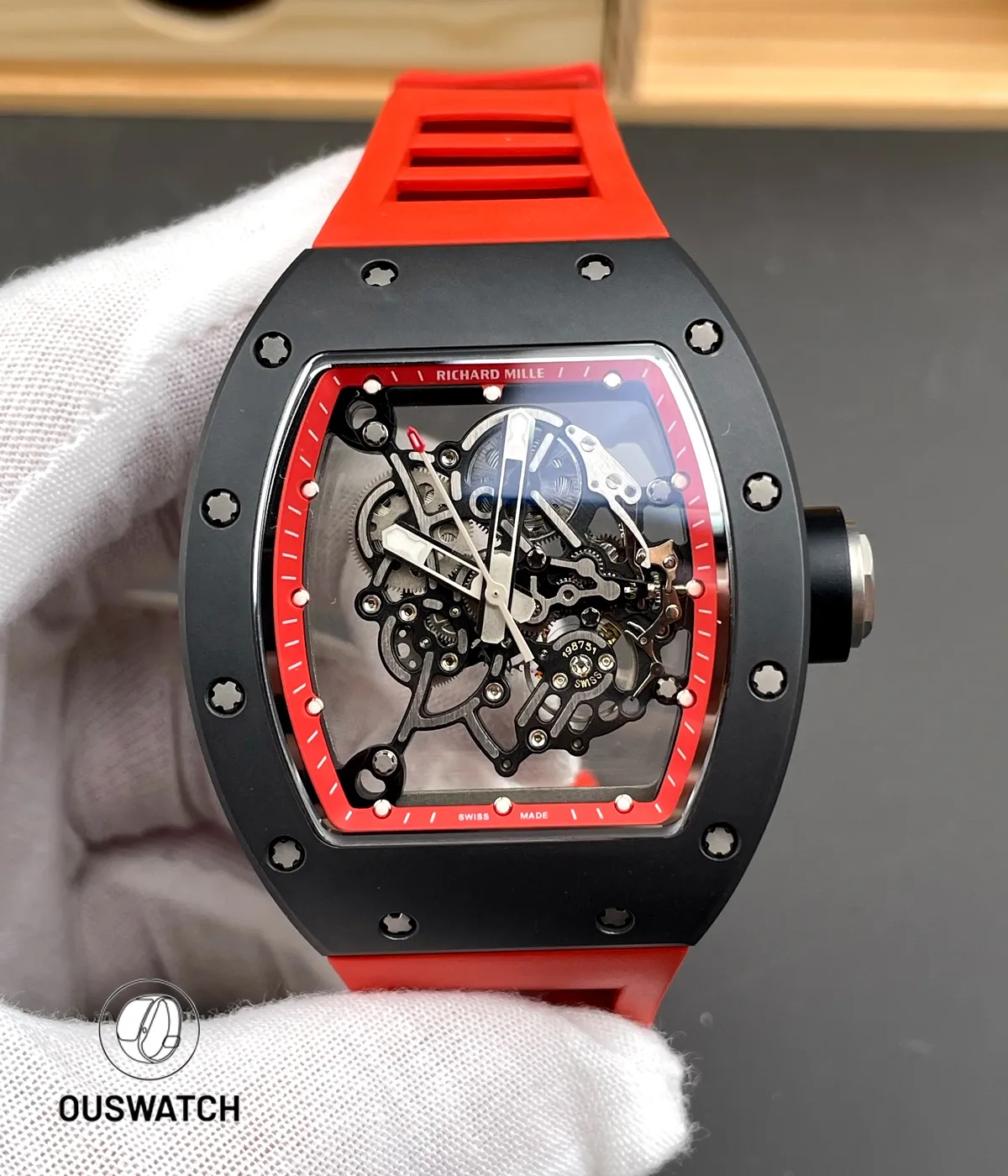 Full-frontal image of the RM 055 Bubba Watson red watch showcasing the skeleton dial framed by the vivid red bezel