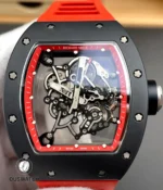 Detailed shot of the RM 055 red skeleton dial displaying gear depth, bridges, and transparent architecture.