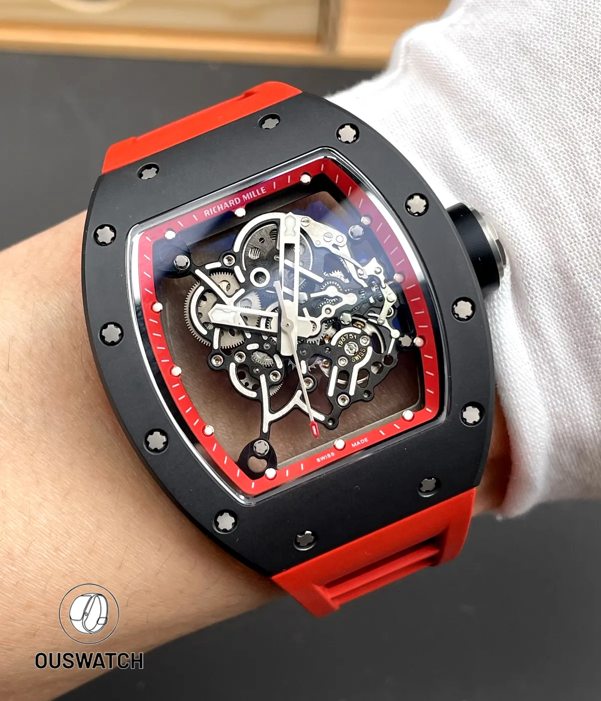 Wrist shot of the RM 055 Bubba Watson red ceramic watch showing its sporty presence and lightweight comfort.