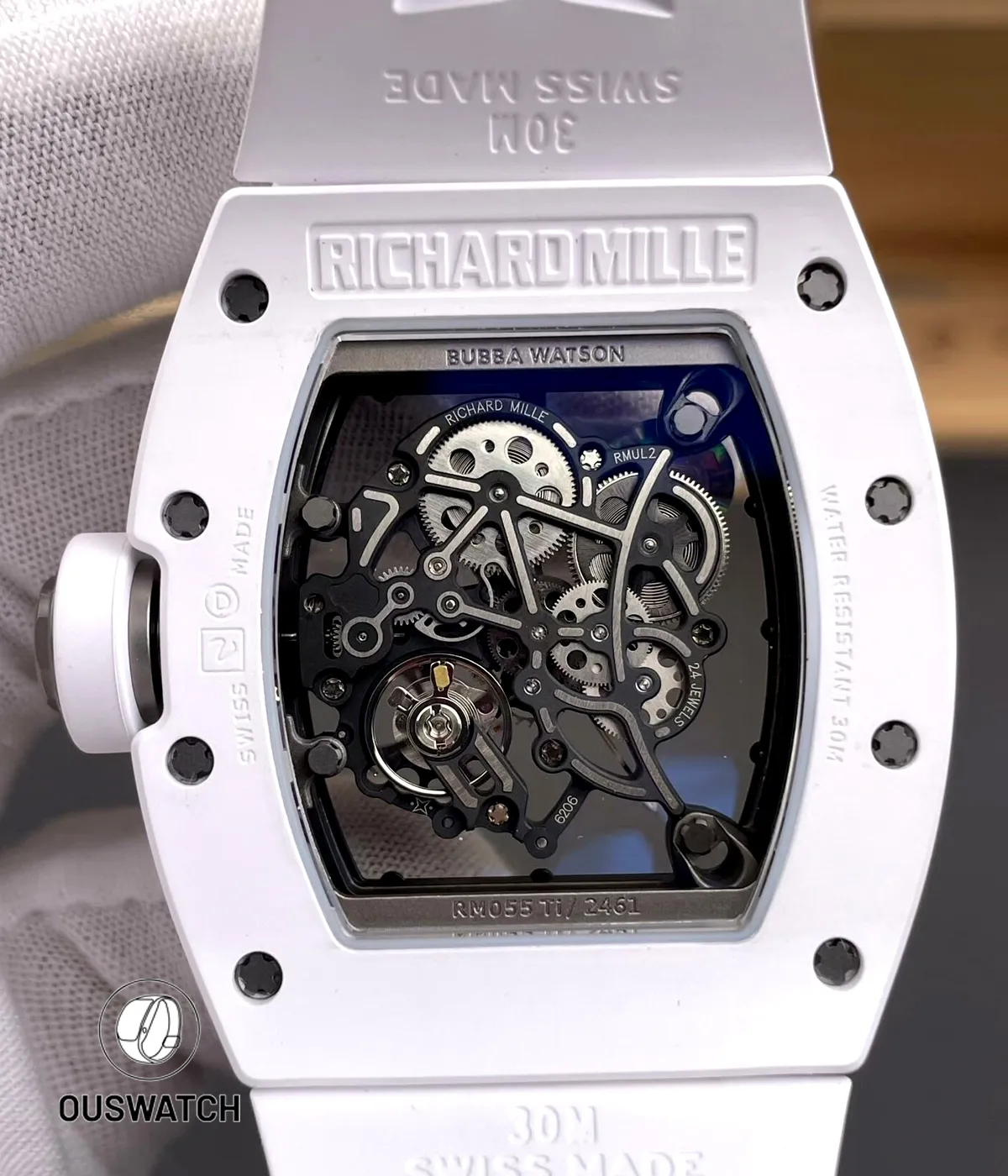 Rear view of the RM055 Bubba Watson exposing the exhibition caseback and the movement’s engraved bridges.