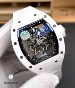 120° angled view of the Richard Mille RM055 Bubba Watson in white ceramic showcasing the openworked skeleton dial and layered movement depth.