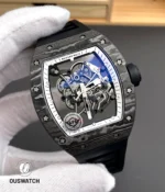 110° angled overview of the RM 055 White Legend capturing dial depth, case contours and strap connection.