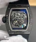 Rear view with exhibition back revealing the RM 055 White Legend’s skeleton movement and engraved caseback elements.